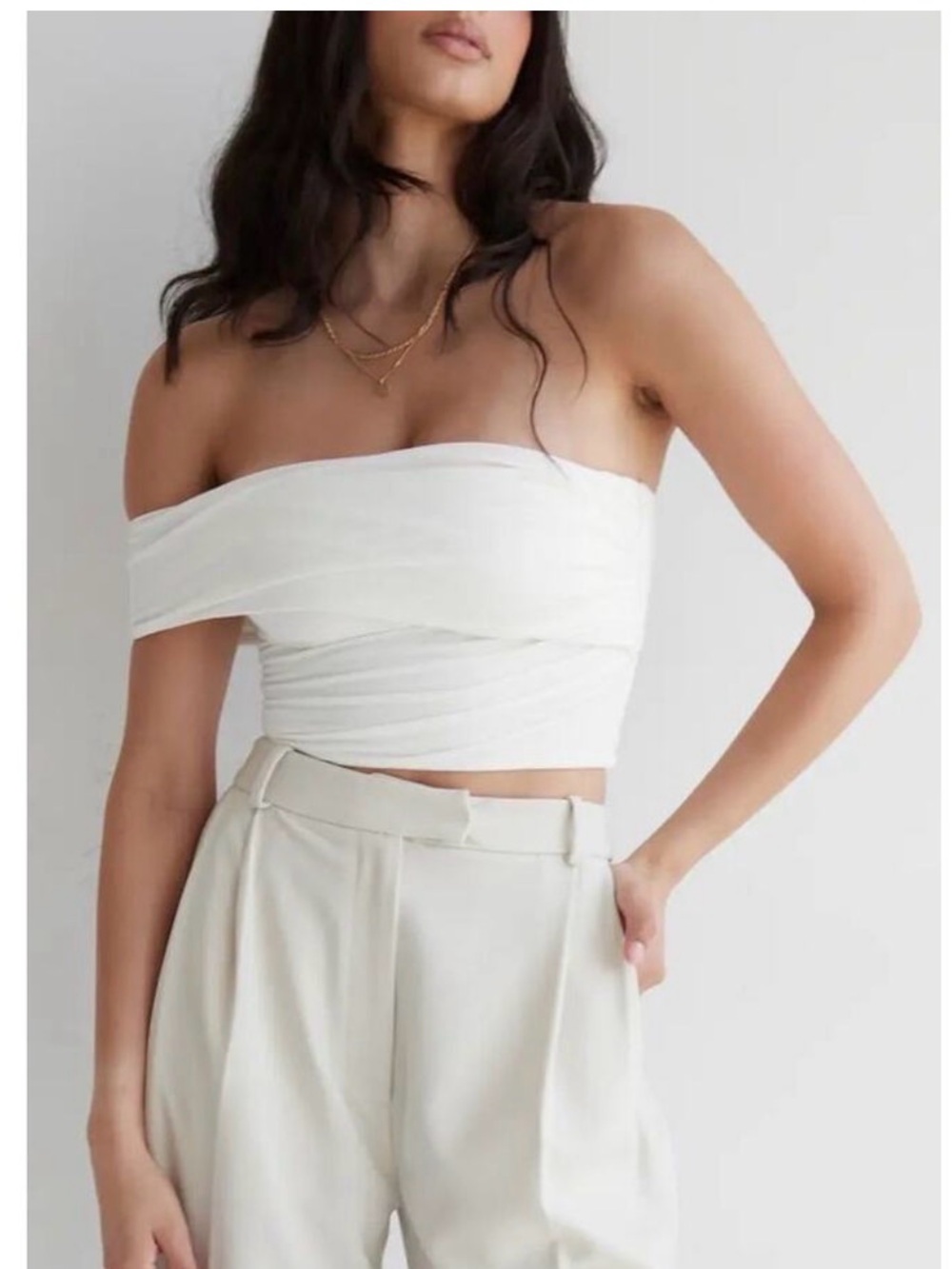 NWT Re Ona Off-Shoulder Cream Wrap Crop Top